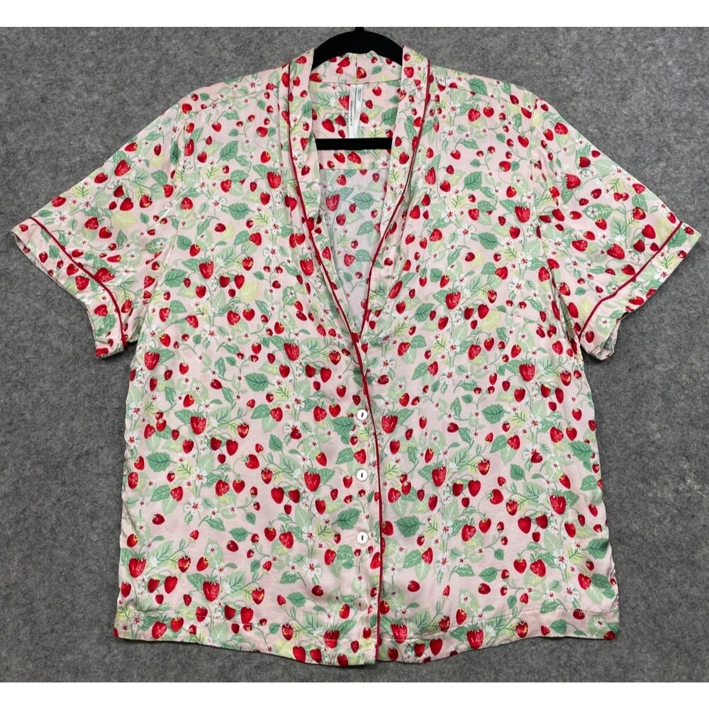 Anthropologie Pajama Top Women L Strawberry Print Silky Satin Button Shirt Sleep